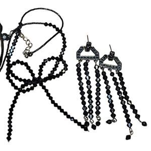 Goth  Black Crystal & Seed Bead Tied Bow Choker/Matching Earrings plus Bracelet